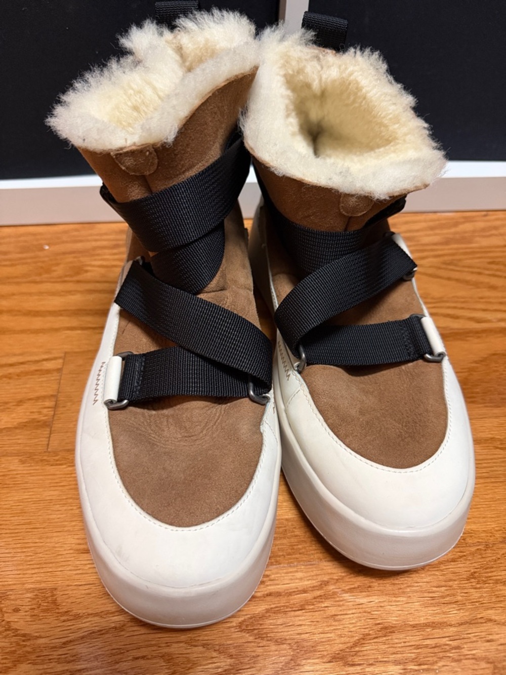 Ugg Women's Tan Suede Shearling High-Top Sneakers with Black Straps